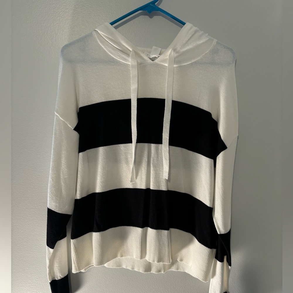 For The Republic, black and white striped sweater.  Drawstring hood, Womens